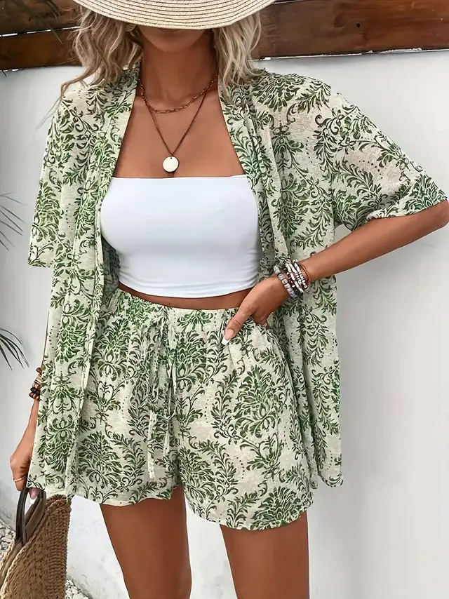 Holiday Floral Print Elegant Two piece Shirt Short Sleeve Top Drawstring High Waist Shorts Floral8 - Shop at LoveMi