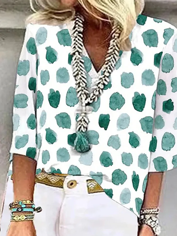 Women's European And American All-matching Printed Casual V-neck Shirt - Printing F - View 1