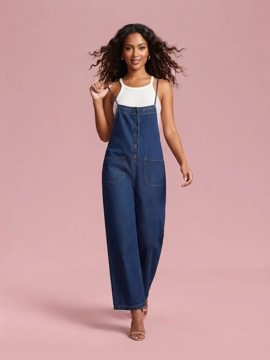 Wide-Leg Denim Overalls for Women, Sizes S to 5XL - Blue