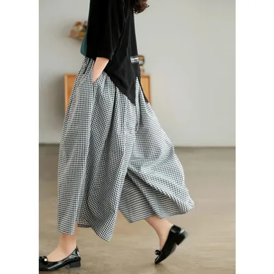 Plus Size Imitation Cotton And Linen Plaid Casual Cropped Pants For Women Black And White Fine Plaid - Shop at LoveMi