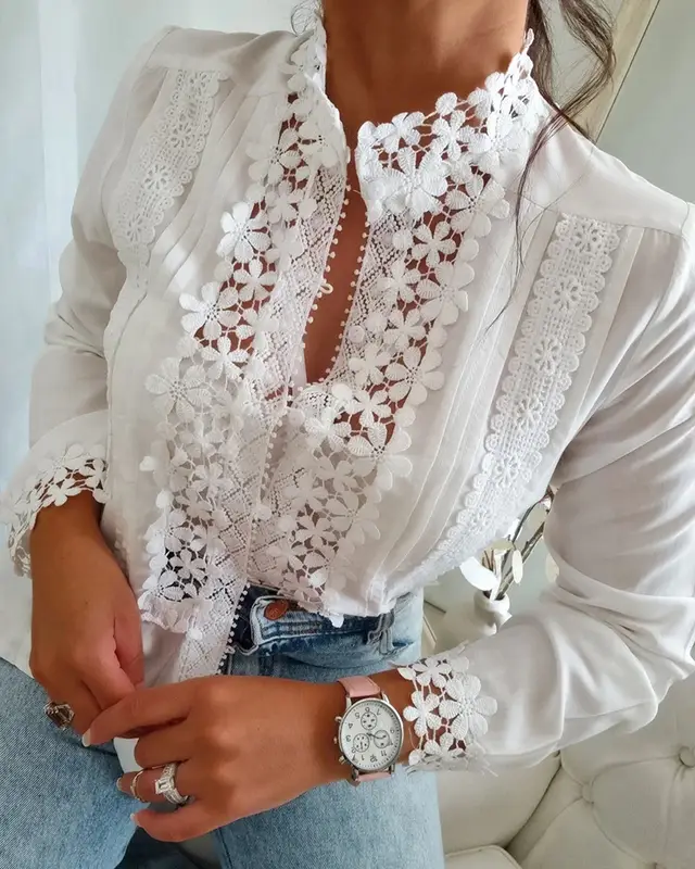 Women's White Lace Floral Long Sleeve Shirt White - Shop at LoveMi