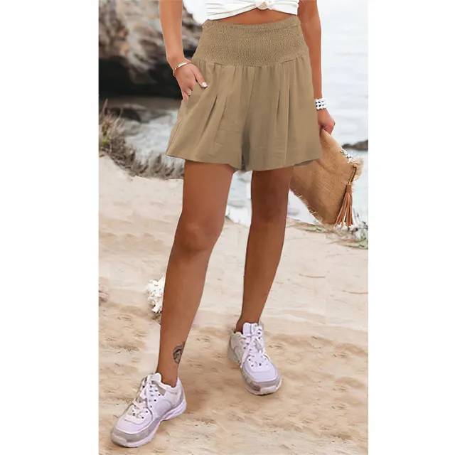 European And American Solid Color High Waisted Shorts Casual Pants Apricot - Shop at LoveMi