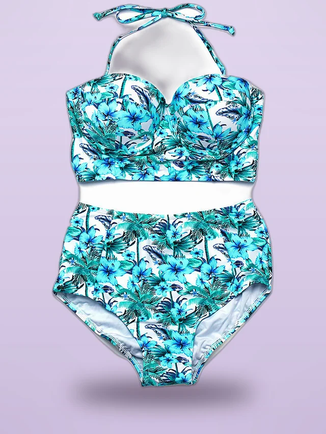 Sweet Floral Gathering Steel Bracket Hard Cup High Waist Anti exposure Split Swimsuit Blue - Shop at LoveMi