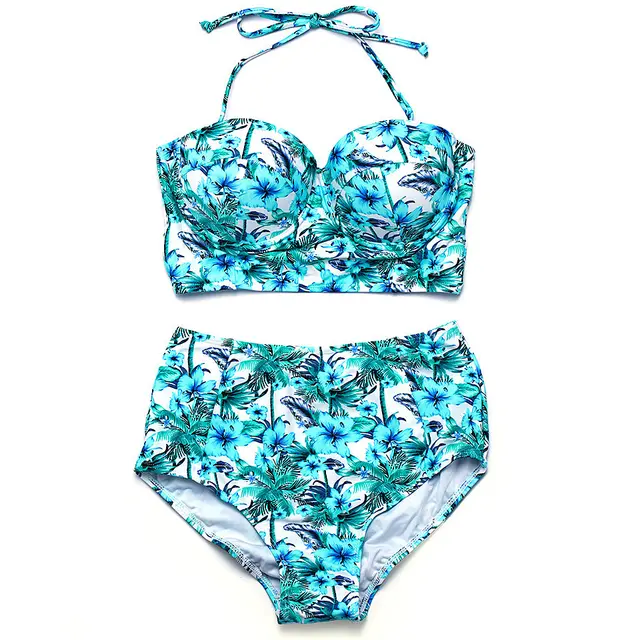 Sweet Floral Gathering Steel Bracket Hard Cup High Waist Anti exposure Split Swimsuit Blue - Shop at LoveMi