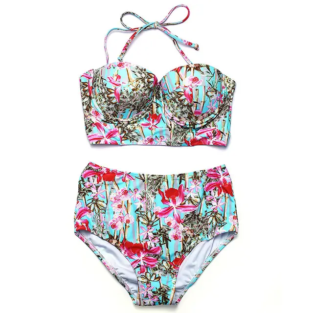 Sweet Floral Gathering Steel Bracket Hard Cup High Waist Anti exposure Split Swimsuit Light Blue - Shop at LoveMi