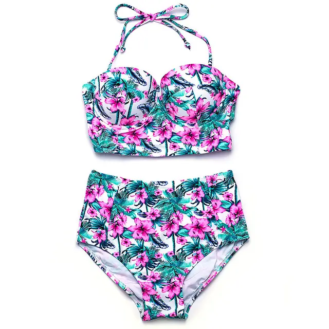 Sweet Floral Gathering Steel Bracket Hard Cup High Waist Anti exposure Split Swimsuit Pink Floral Style - Shop at LoveMi