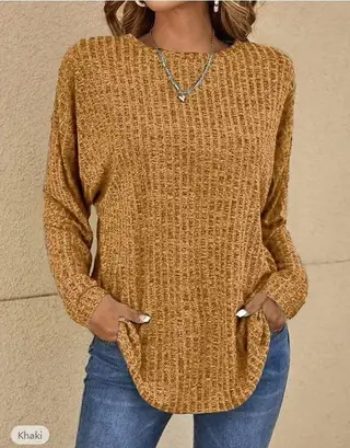 European And American Autumn Knitted Sweater Round Neck Sunken Stripe Top Long Sleeve Loose T-shirt - Skin Color