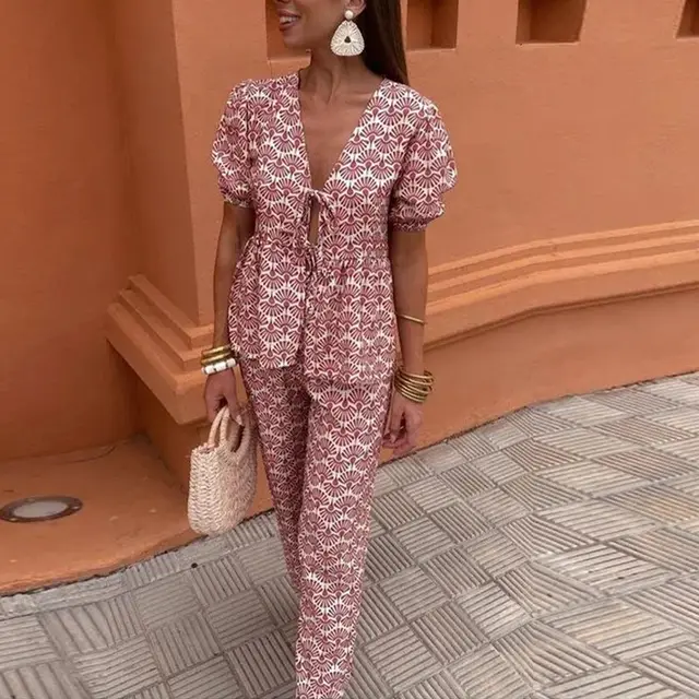 Summer Printed Pleated Women's Pants Suit Hollow Out Suit Red And White Printing - Shop at LoveMi