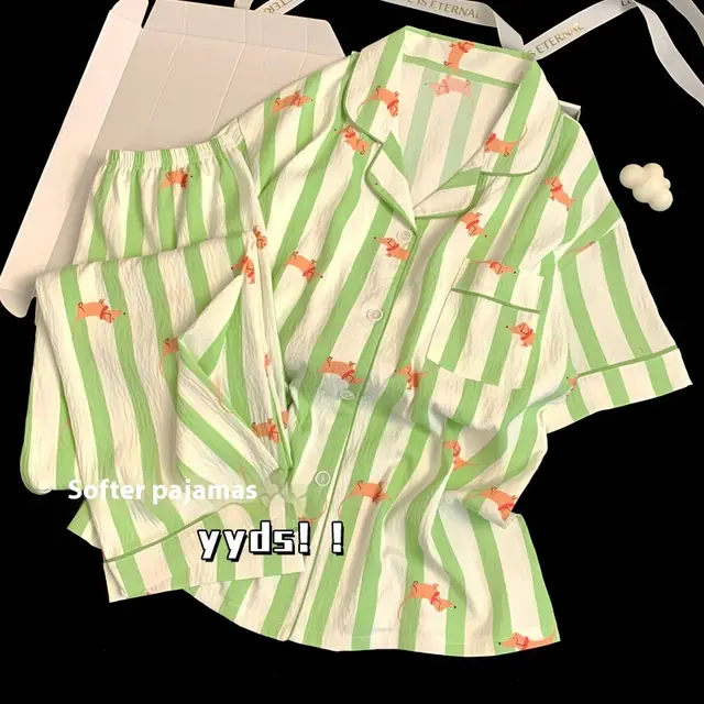 Striped Sausage Dog Pajamas Cloud Cotton Short sleeved Trousers Three piece Set Sausage Dog - Shop at LoveMi