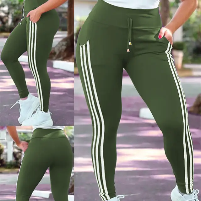 Women's Striped Stitching Casual Sports Pants Green - Shop at LoveMi
