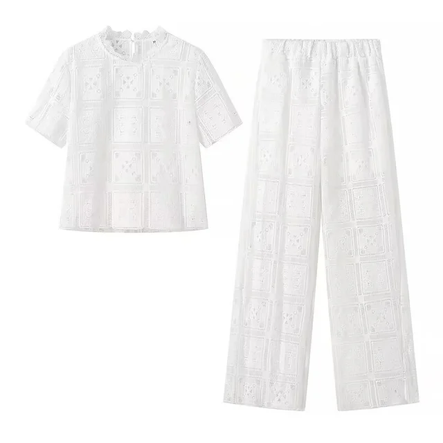 Fashionable Elegant Crocheted Hollow Lace Short sleeved Trousers Two piece Set White Suit - Shop at LoveMi