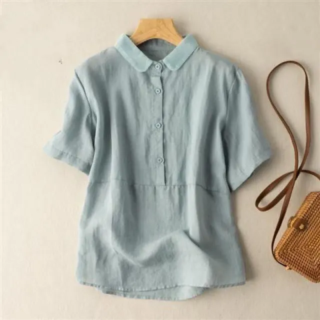 Solid Color Short Sleeve Pullover Linen Shirt Blue - Shop at LoveMi
