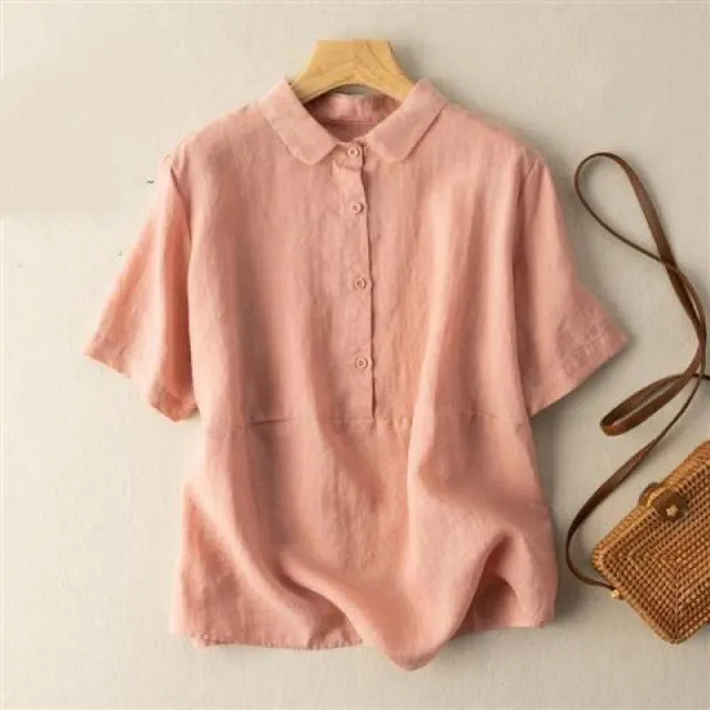 Solid Color Short Sleeve Pullover Linen Shirt Pink - Shop at LoveMi
