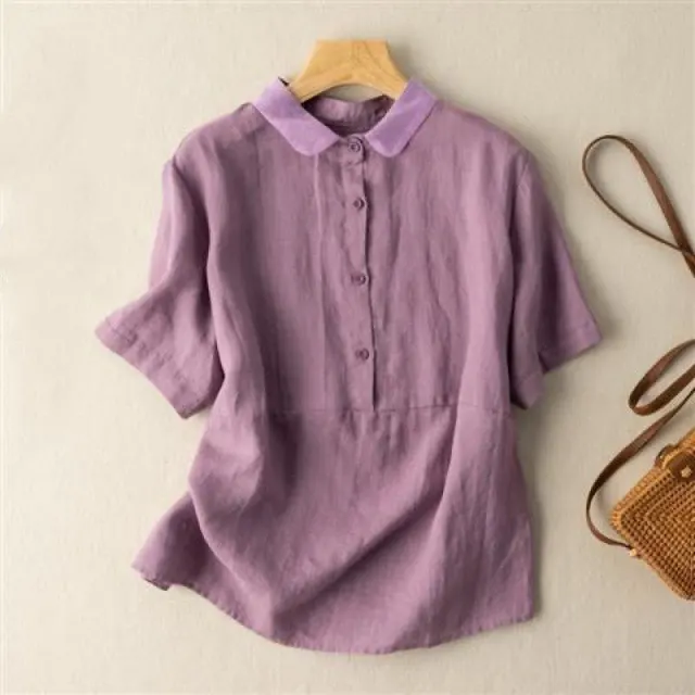 Solid Color Short Sleeve Pullover Linen Shirt Purple - Shop at LoveMi
