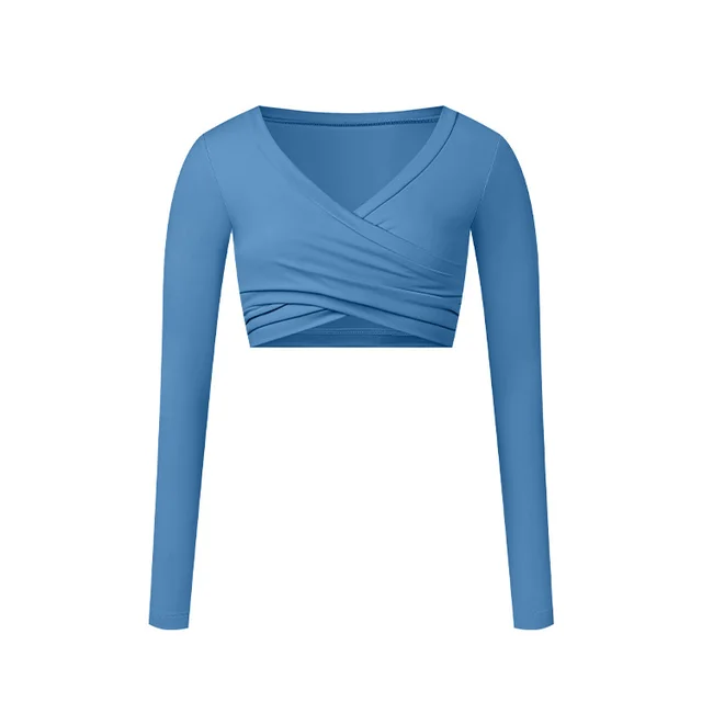 Tight Long Sleeve Cross Layered Sports Long Sleeve Brushed Top Denim Blue - Shop at LoveMi