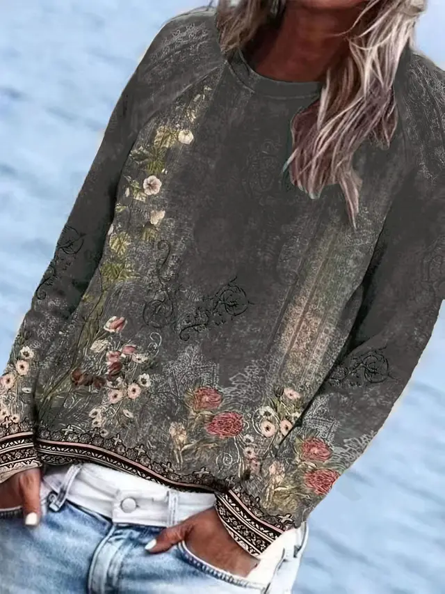 Long Sleeve Raglan Sleeve Round Neck Printed Pullover Sweatshirt Dark Gray - Shop at LoveMi