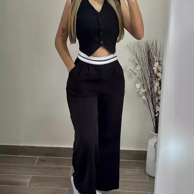 Contrast Color Stitching Waist Head Commute Leisure Suit Black - Shop at LoveMi