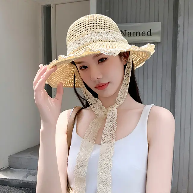 Beach Trip Vacation Seaside Straw Hat Lace Knitted Beige - Shop at LoveMi