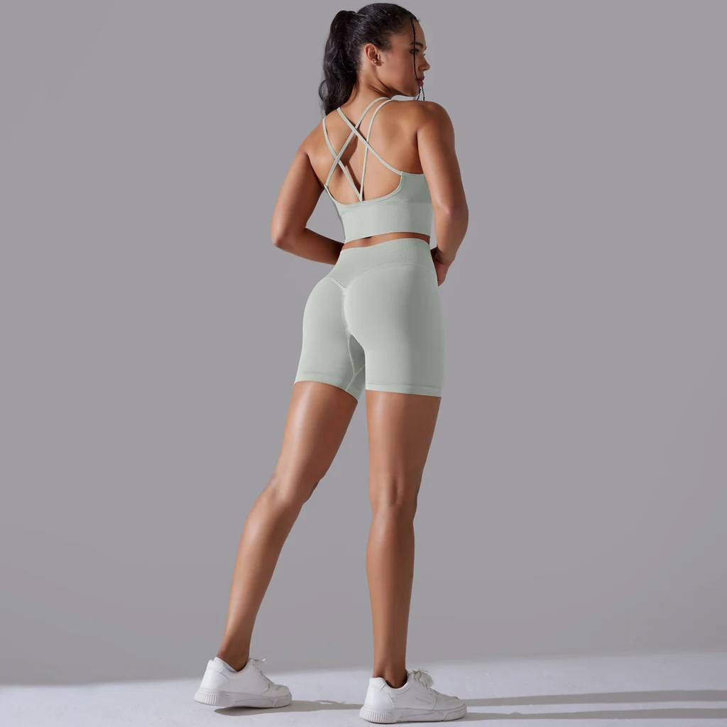 Seamless Knitted Solid Color Beauty Back High Elastic Sports Skinny Yoga Clothes Suit - Light Gray
