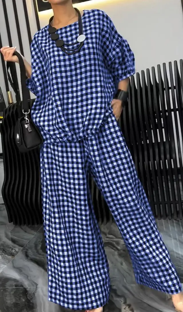 Women's Elastic Drawstring Wide leg Pants Suit Blue - Shop at LoveMi