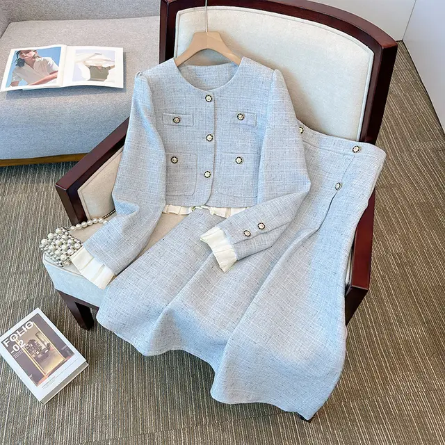 Suit French Socialite Coat Skirt Two piece Set Blue - Shop at LoveMi