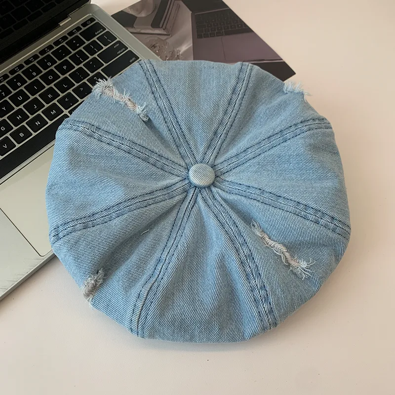 Korean Retro Make Old Ripped Denim Beret Light Blue - Shop at LoveMi