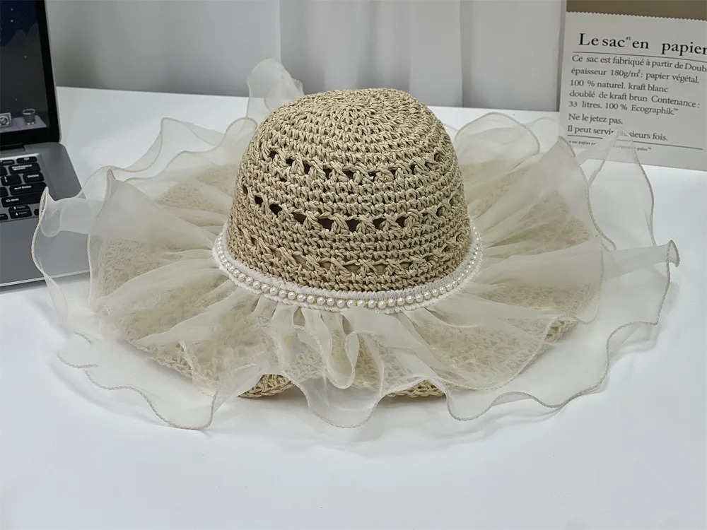 Elegant Pearl Mesh Big Brim Straw Hat Seaside Vacation Beige - Shop at LoveMi