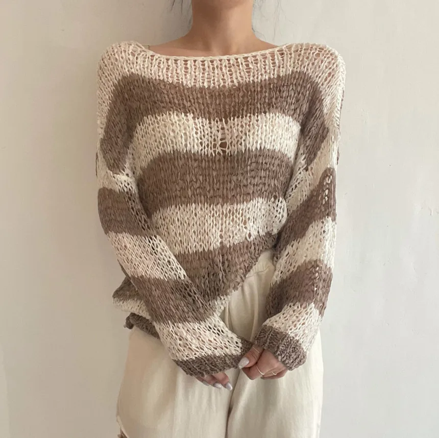Off shoulder Drop shoulder Sleeve Mixed Color Stripe Hollow Sun Protection Thin Sweater Khaki - Shop at LoveMi