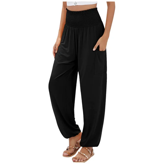 Elastic waist High Waist Wide leg Casual Trousers Black - Shop at LoveMi