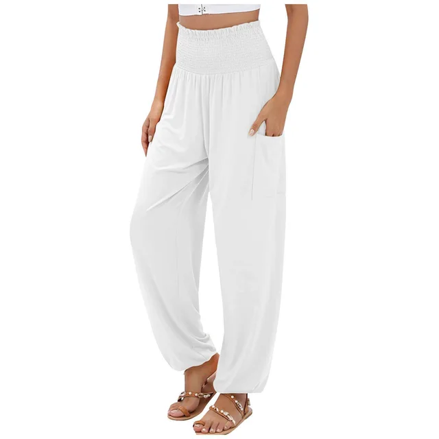 Elastic waist High Waist Wide leg Casual Trousers White - Shop at LoveMi