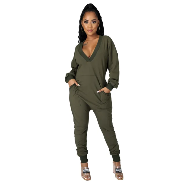 European And American Style Fashion Deep V Pocket One piece Harem Pants Army Green - Shop at LoveMi