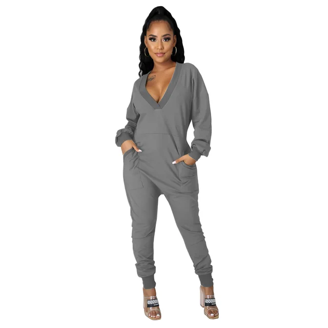 European And American Style Fashion Deep V Pocket One piece Harem Pants Gray - Shop at LoveMi