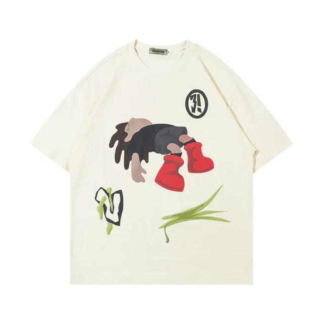 American Street Cotton Graffiti Style Printed Couple Round Neck Short Sleeve T shirt Apricot - Shop at LoveMi