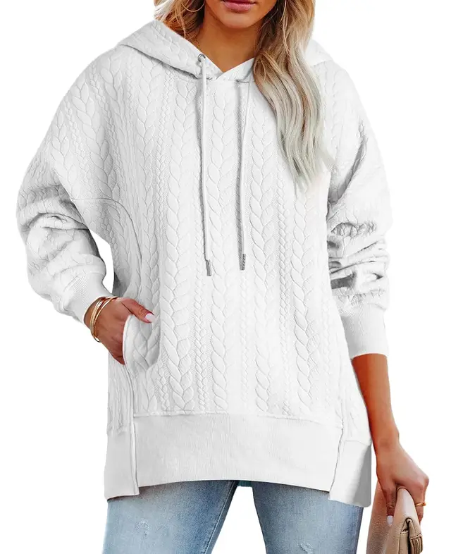 Twist Texture Solid Color Casual Hoodie Sweater Top White - Shop at LoveMi