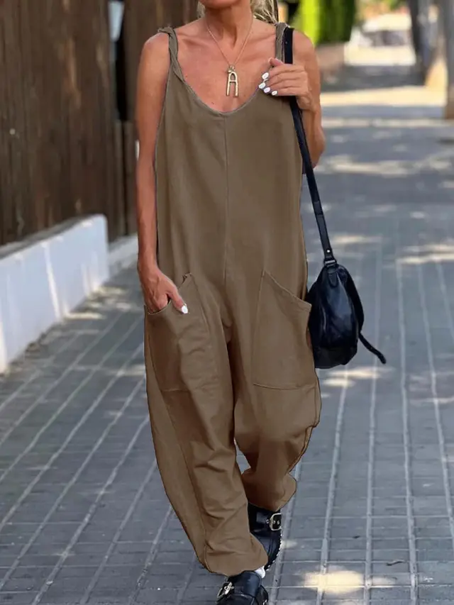 Women's Minimalist Solid Color Casual Jumpsuit Brown - Shop at LoveMi