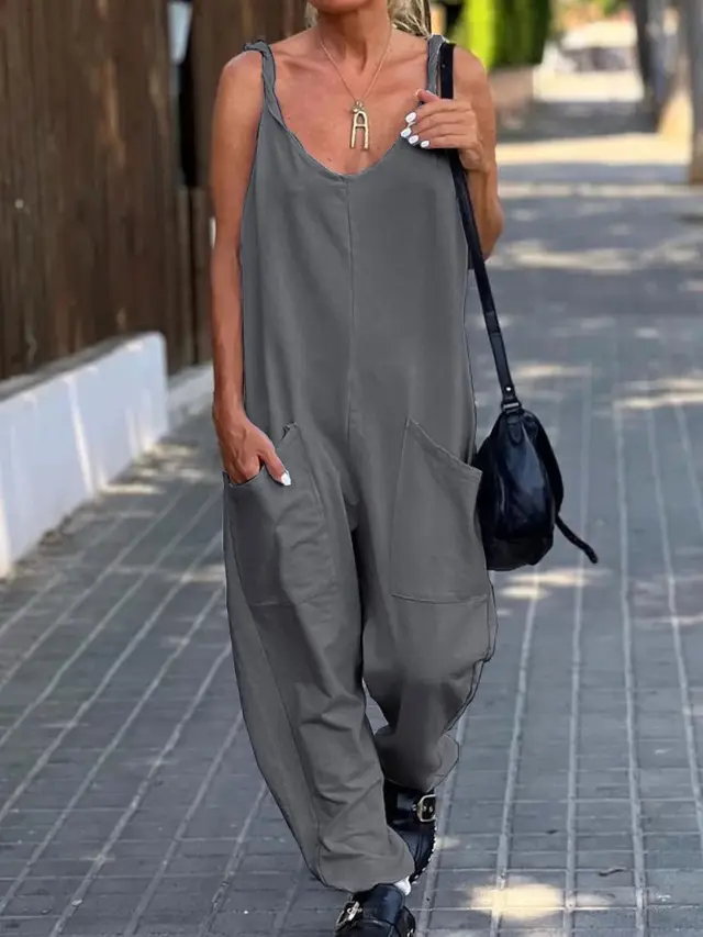 Women's Minimalist Solid Color Casual Jumpsuit Dark Gray - Shop at LoveMi