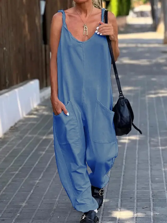 Women's Minimalist Solid Color Casual Jumpsuit Denim Blue - Shop at LoveMi