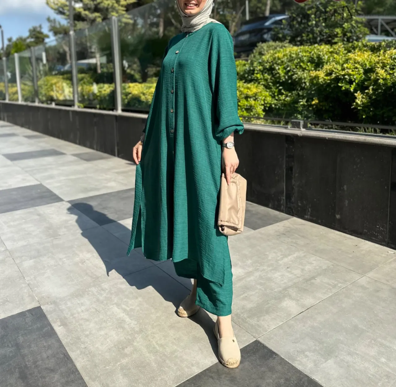 Muslim Plus Size Season Loose Temperament Commute Long Twinset - Dark Green
