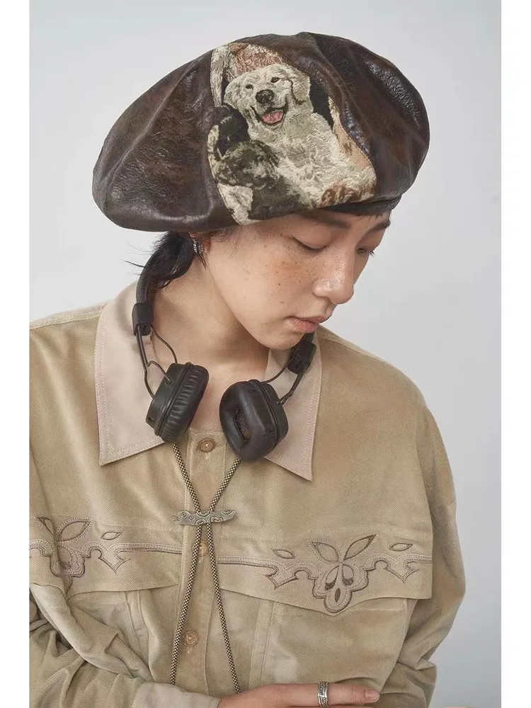 Artistic PU Leather Retro Puppy Stitching Octagonal Cap Corduroy Puppy New Style Beret - Shop at LoveMi