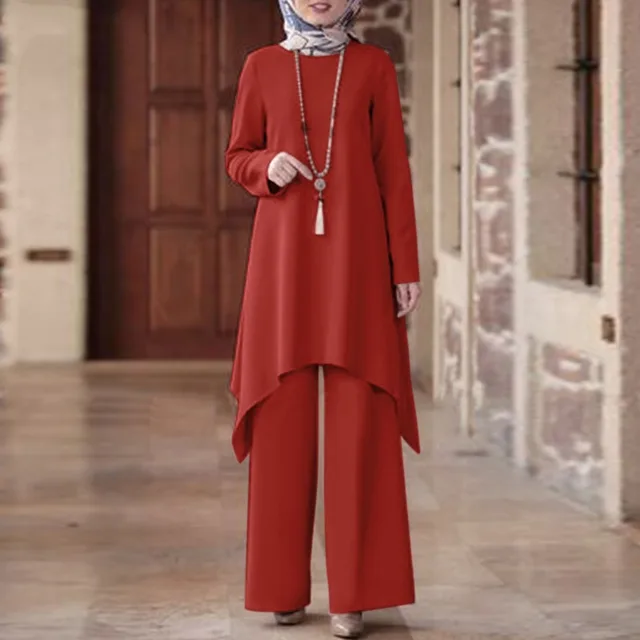 Wear Middle East Solid Color Round Neck Pullover Midi Skirt Red - Shop at LoveMi
