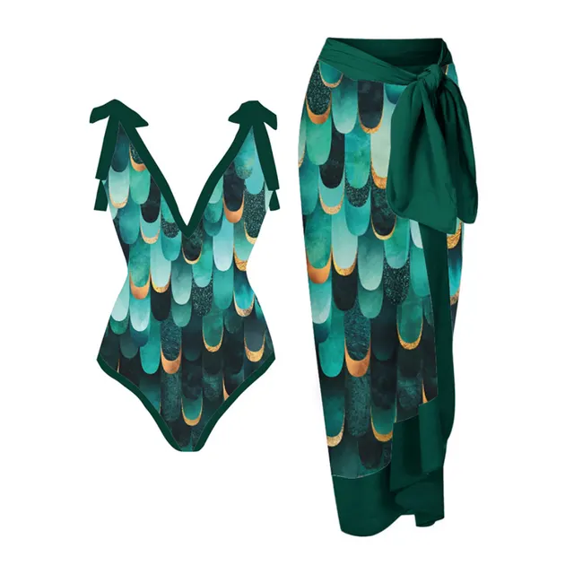 Multi color Printed Sheath Gauze Skirt Anti exposure Two piece Sunscreen Swimsuit Figure 2 - Shop at LoveMi