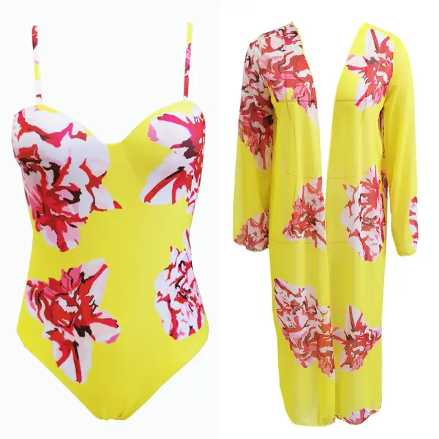 Two piece Suit Long Sleeve Mesh Blouse Cross border Sexy Printed Swimsuit Yellow - Shop at LoveMi