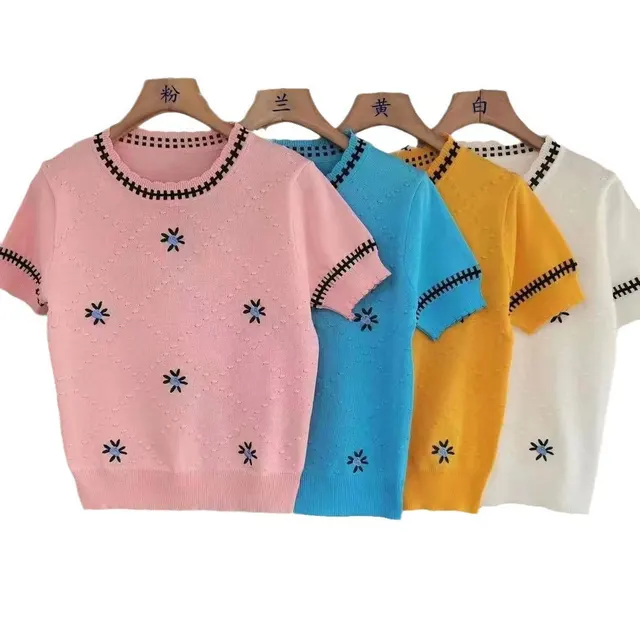 Women's Short sleeved T shirt Round Neck Embroidered Blue - Shop at LoveMi