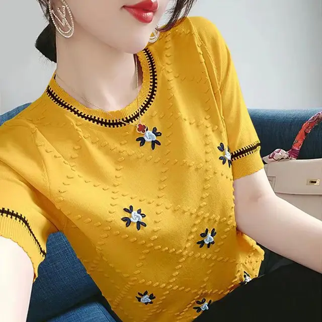 Women's Short sleeved T shirt Round Neck Embroidered Yellow - Shop at LoveMi