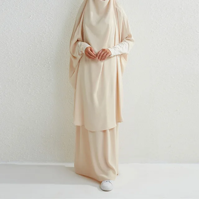 Muslim Fashion Plus Size Two piece Suit Arabic Djellaba Solid Color Apricot - Shop at LoveMi