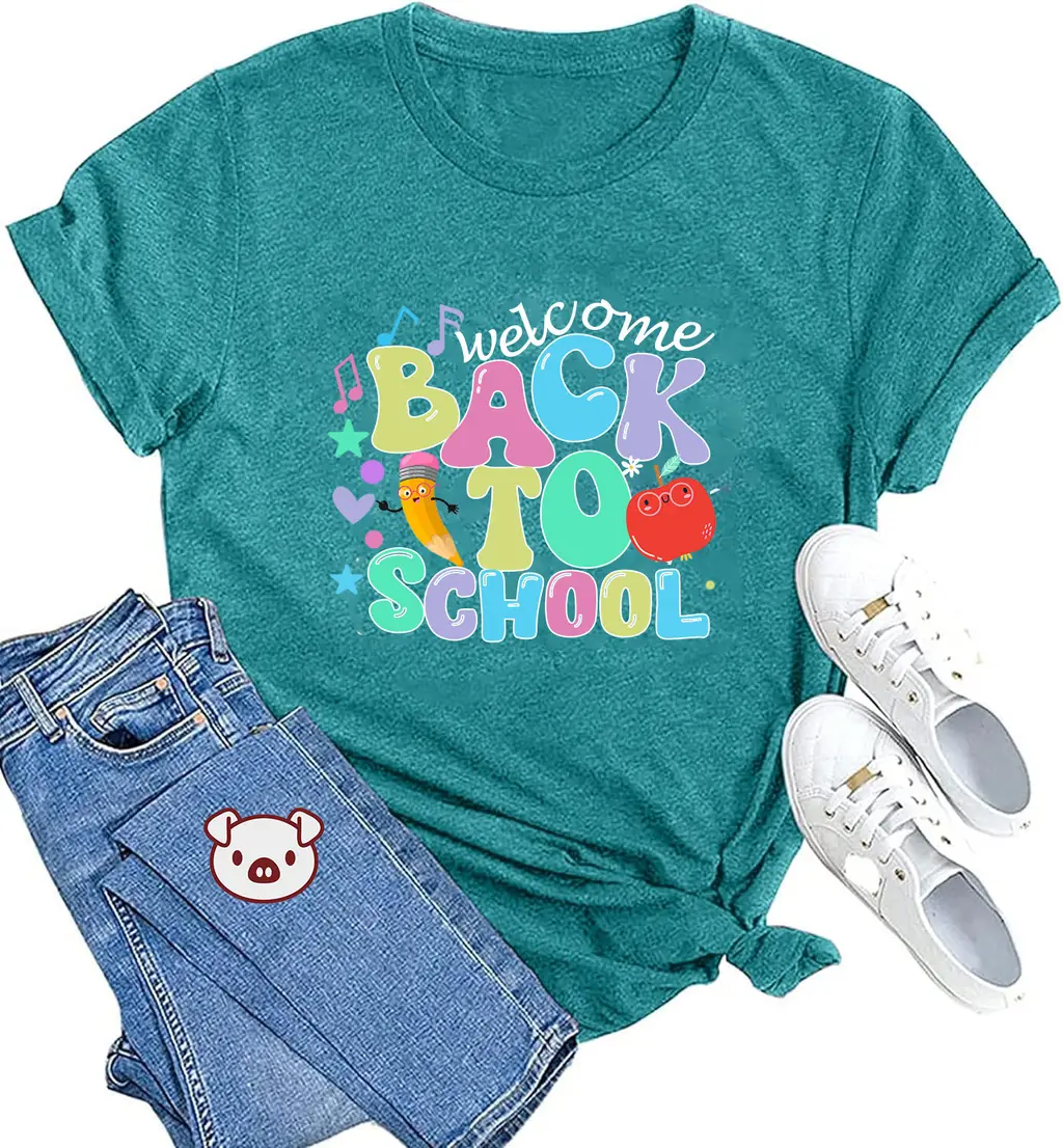 Back To Shcool Printed Colored Cotton T-shirt - Colored Cotton 35 Lake Blue