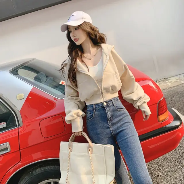 Autumn And Winter New Fashion Zipper Coat Pure Cotton High grade Hooded American Short Sports Sweater Beige Plus Velvet - Shop at LoveMi