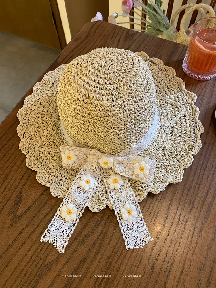 Big Brim Sun proof Straw Hat Female Summer Seaside Breathable Lace Up Flower Beige - Shop at LoveMi