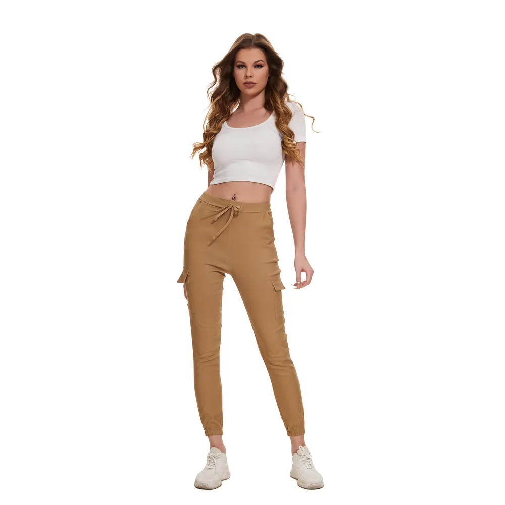 Multi pocket Work Elegant Casual Elastic Waist Lace Up Pants Khaki - Shop at LoveMi