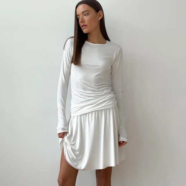 Women's Knitted Slim fit Stretch Long Sleeve Short Skirt Two piece Set White - Shop at LoveMi